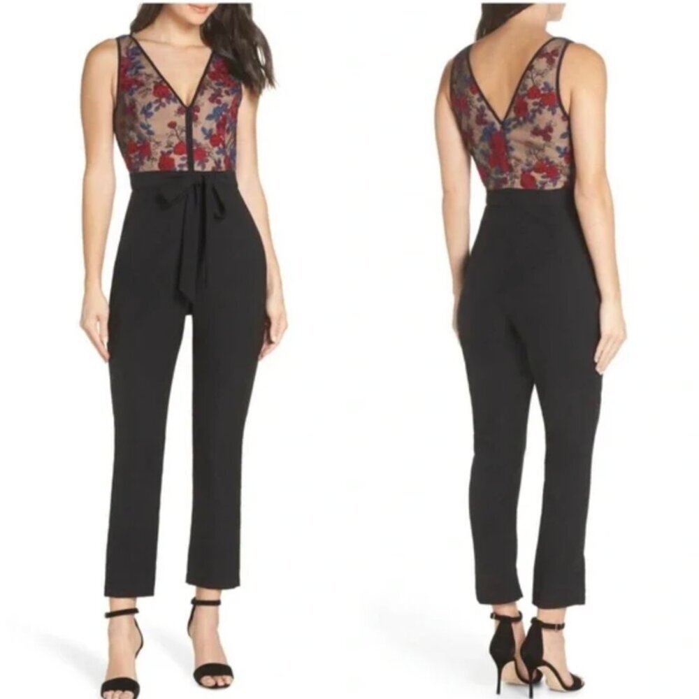 Anthropologie Black Jumpsuit with Red & Blue Floral Lace Bodice